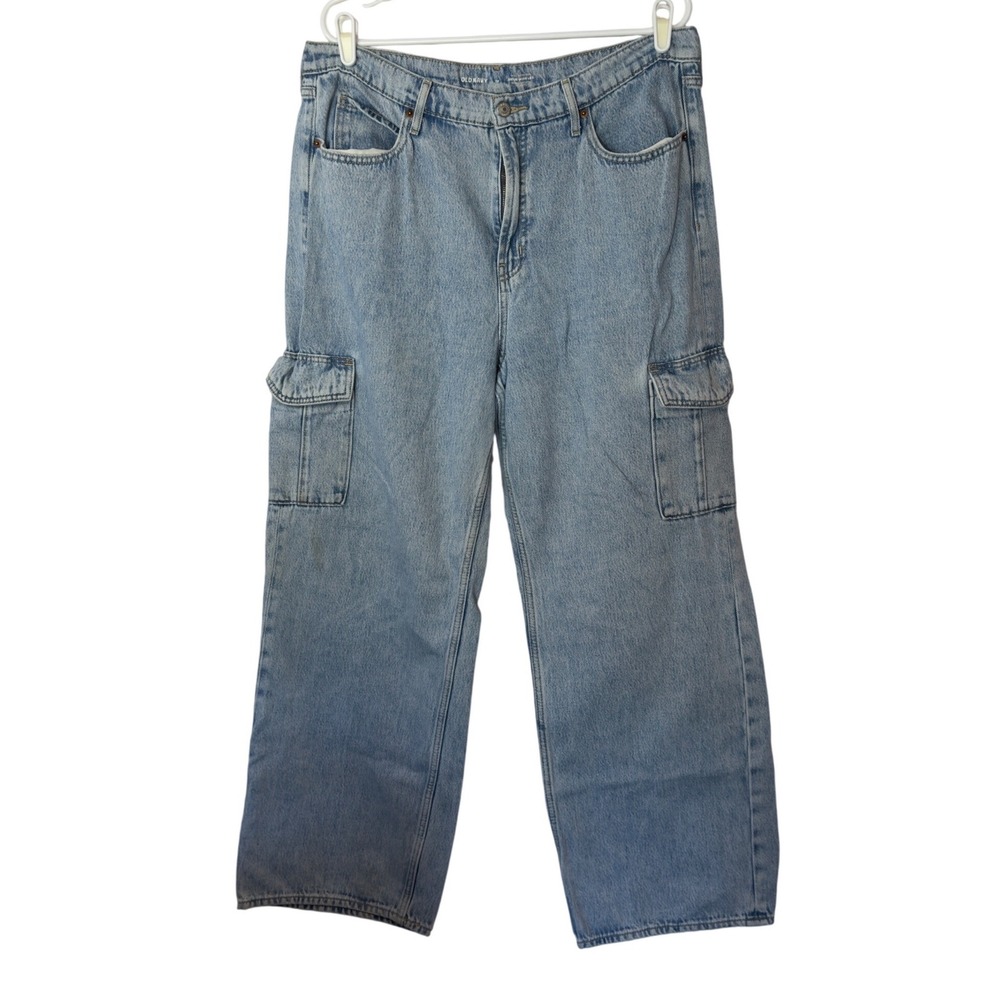Old Navy Sky Hi Wide-Leg Cargo Denim Jeans Size 16 Light Wash Pockets Utility - Picture 1 of 15